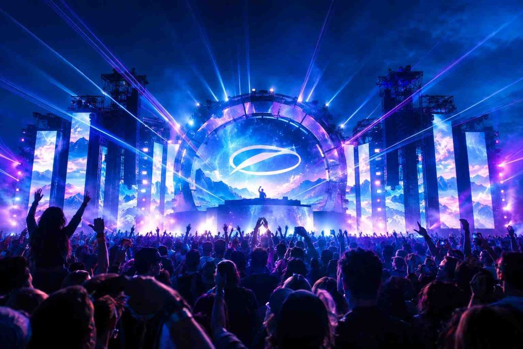 Trance festival crowd experiencing electronic music at night
